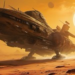 a photorealistic chris foss-style spaceship lifting a smaller starfighter from desert sands using a tractor beam