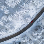 Driving through the white snow winter forest