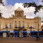 Blue tram in front of "Dramaten" - The Royal Dramatic Theatre - Stockholm - Sweden
