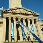 Cherrypicker working on the front of City Hall this morning