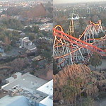 3D, Silver Bullet, Indian Trails, Ghost Rider, SE view from Sky Cabin, Boardwalk, Knott's Berry Farm, Buena Park, California, 2012.01.12 17:55