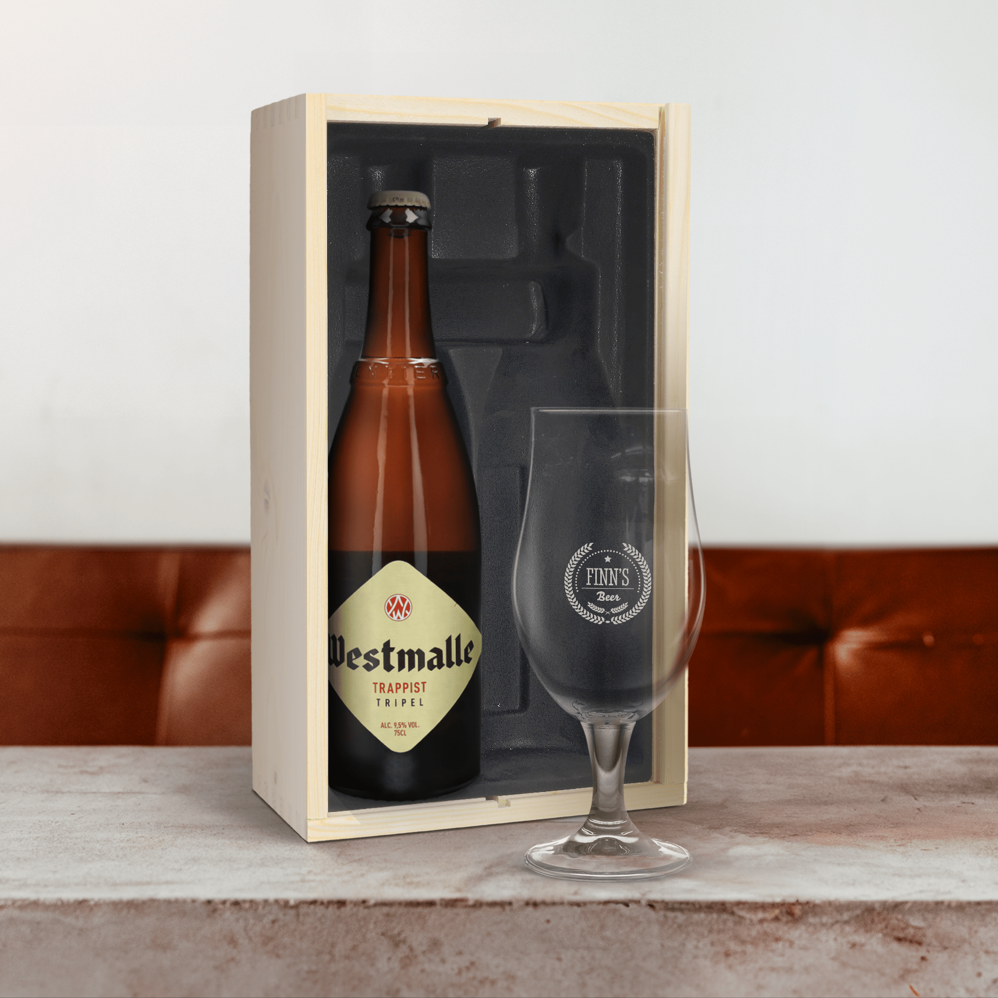 Øl gaveæske med indgraveret glas – Westmalle tripple