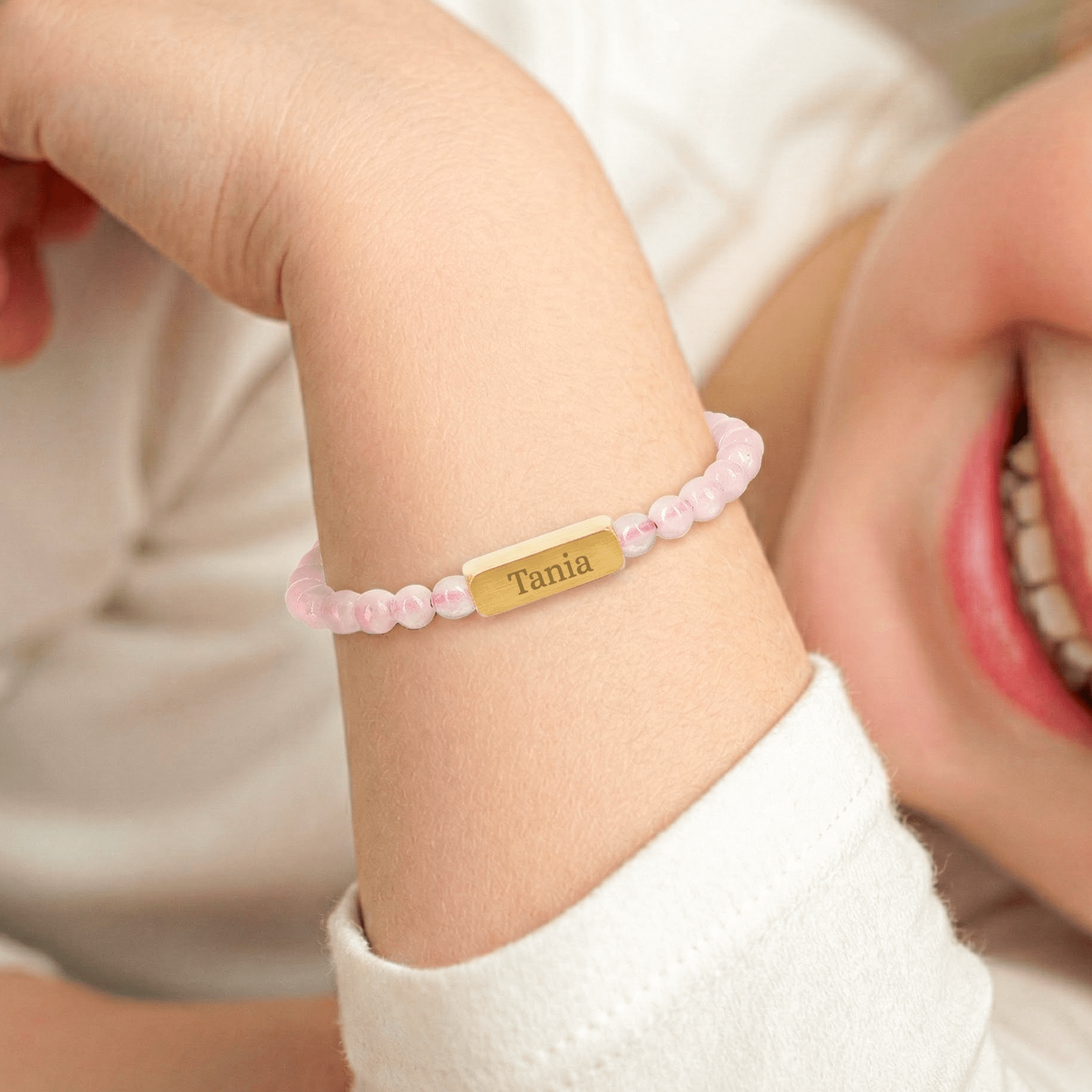 Armbånd med graveret rosenkvarts – Børn – XS – 4mm – Guld
