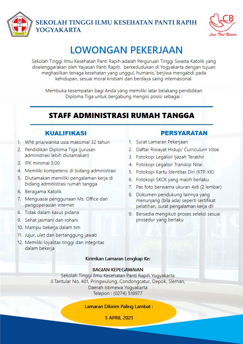 Lowongan Bagian Administrasi Rumah Tangga Maret 2021 | SEKOLAH TINGGI ILMU  KESEHATAN PANTI RAPIH YOGYAKARTA