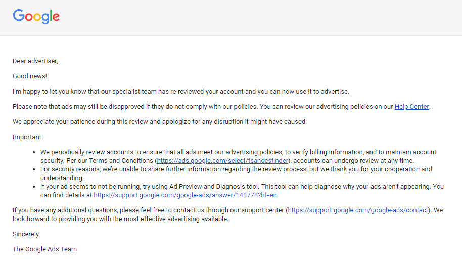 akun masih suspend padahal sudah dapat balasan yg katanya akun sudah bisa  untuk beriklan, help me!! - Komunitas Google Ads