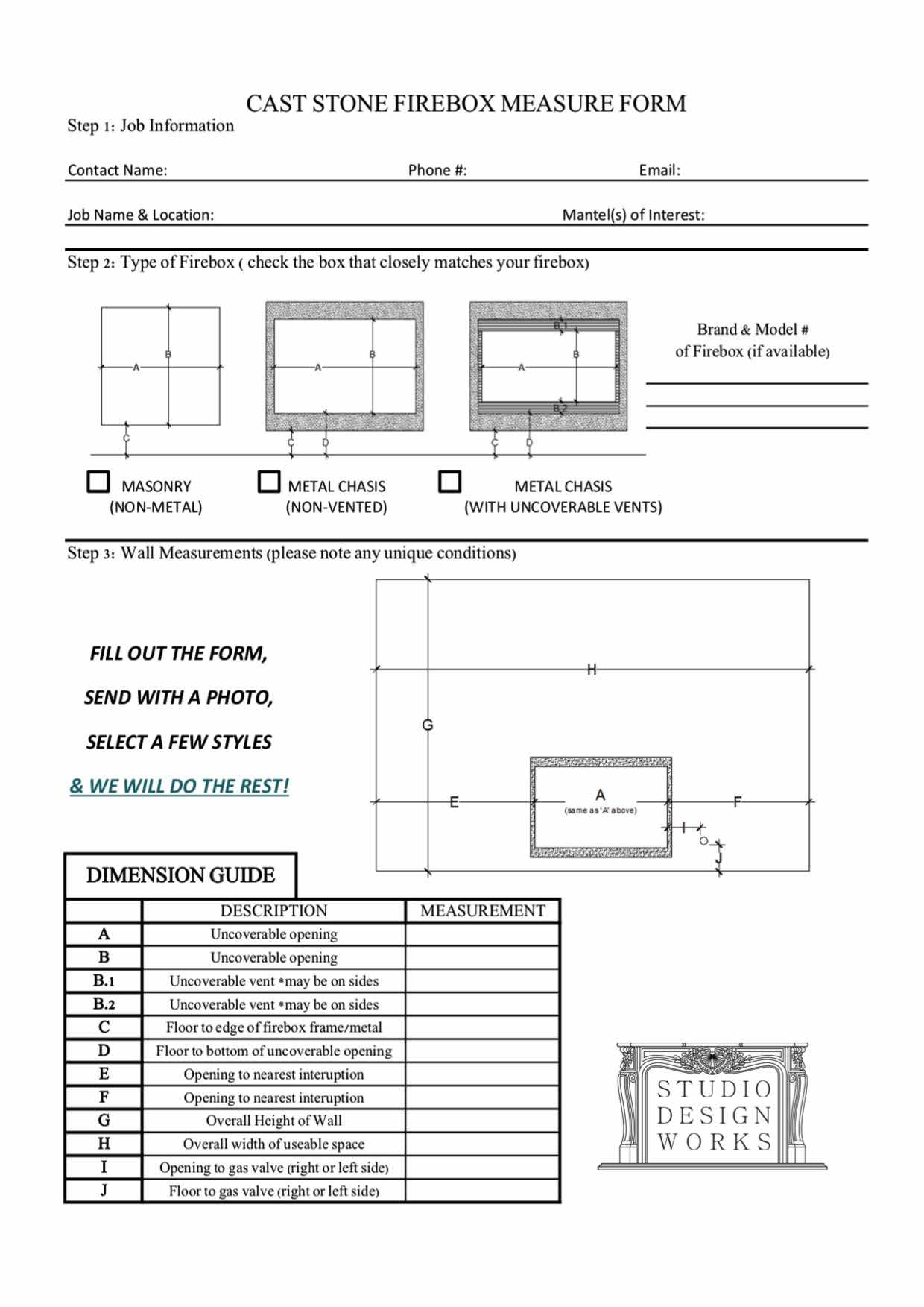 Cast Stone Firebox Measure Form - Studio Design Works