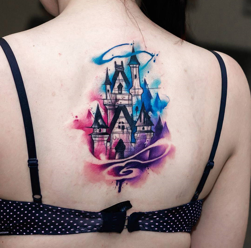 Disney Castle Sketch & Watercolor On Girls Back 791_x_800_jpg