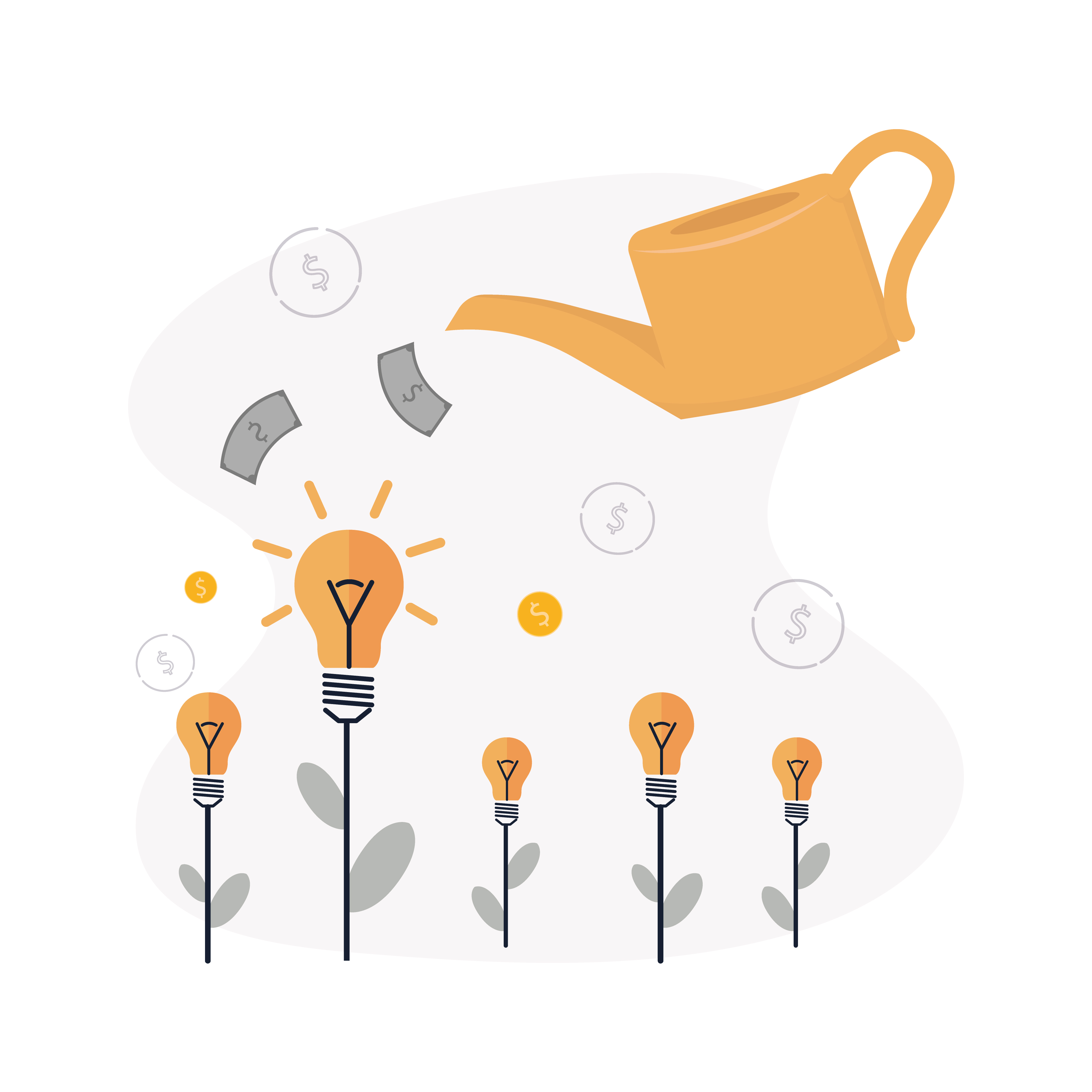 Image of a watering can pouring money over light bulbs to represent the choice of a venture capitalist.