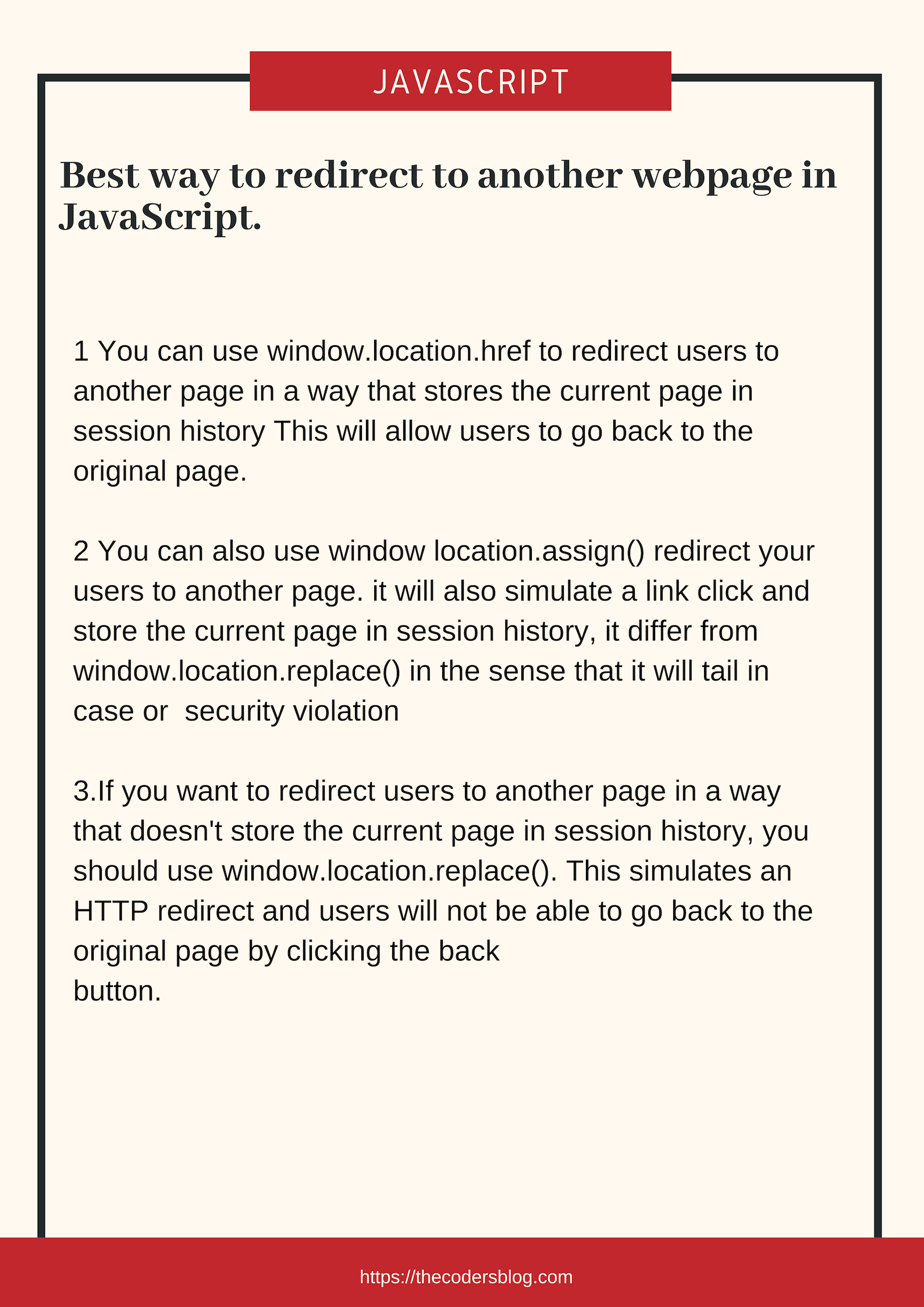 Best way to redirect to another webpage in JavaScript. | The Coders Blog