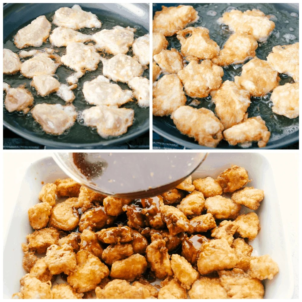 Sesame Chicken is sweet, savory, and perfect for any night of the week. This is so good, it is even better than take out! Flash frying chicken in a pan then pour sauce over it in a 9x13 pan.