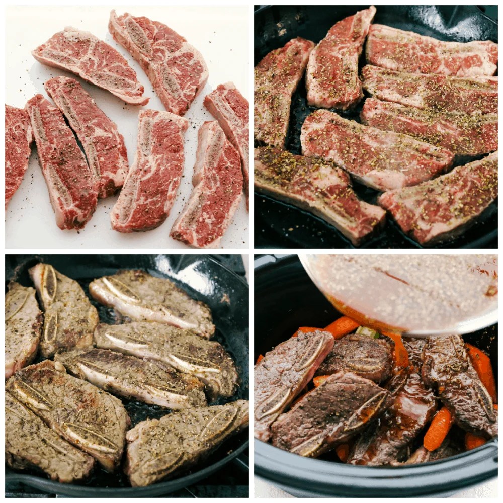 Fall-off-the-bone slow cooker short ribs are a perfectly hearty and savory dinner! This is the best way to cook succulent beef and fork-tender carrots that are emerged in a delicious sauce that is full of flavor. First photo is seasoning the ribs with salt and pepper. Second photo is searing the meat on one side. Third photo is searing the meat on the other side. Fourth photo is pouring the sauce over the meat in the crockpot.