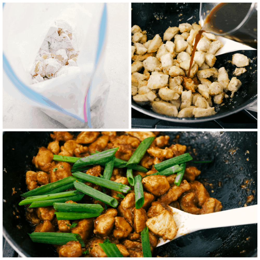 Mongolian Chicken is coated chicken tossed in a sweet savory sauce that is better than take out! This simple recipe is the beginning to tasty dinner in minutes. Coating the chicken, adding sauce and sauteing it in a pan.