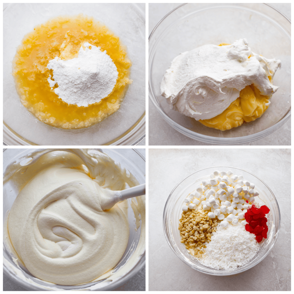Get ready for this Pineapple Fluff to become your most requested recipe for potlucks! Similar to orange fluff, it's a delicious blend of pineapple chunks, coconut cream, marshmallows, and coconut flakes. It's seriously addicting and so easy to make! Process photos showing how to make the fruit salad.