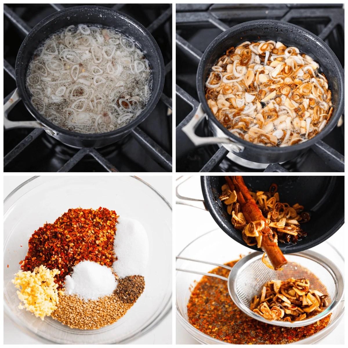 Chili crisp is the secret ingredient every kitchen needs to spice up your dishes effortlessly. It's a mix of crispy shallots, garlic, ginger, fiery chili flakes and sesame seeds that will add the best flavor to any dish! Collage of shallots being fried and then combined with spices and oil.