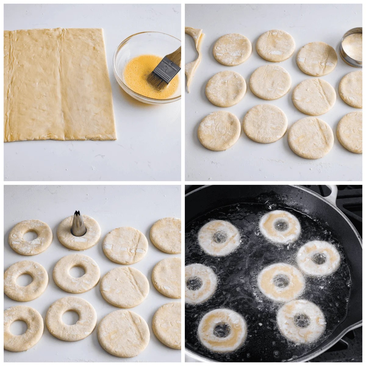 Get ready to discover the joy of homemade cronuts with this delicious recipe! Perfectly flakey and fried, this easy-to-make recipe is perfect for any occasion. 4 pictures showing how to cut and fry the cronut dough.