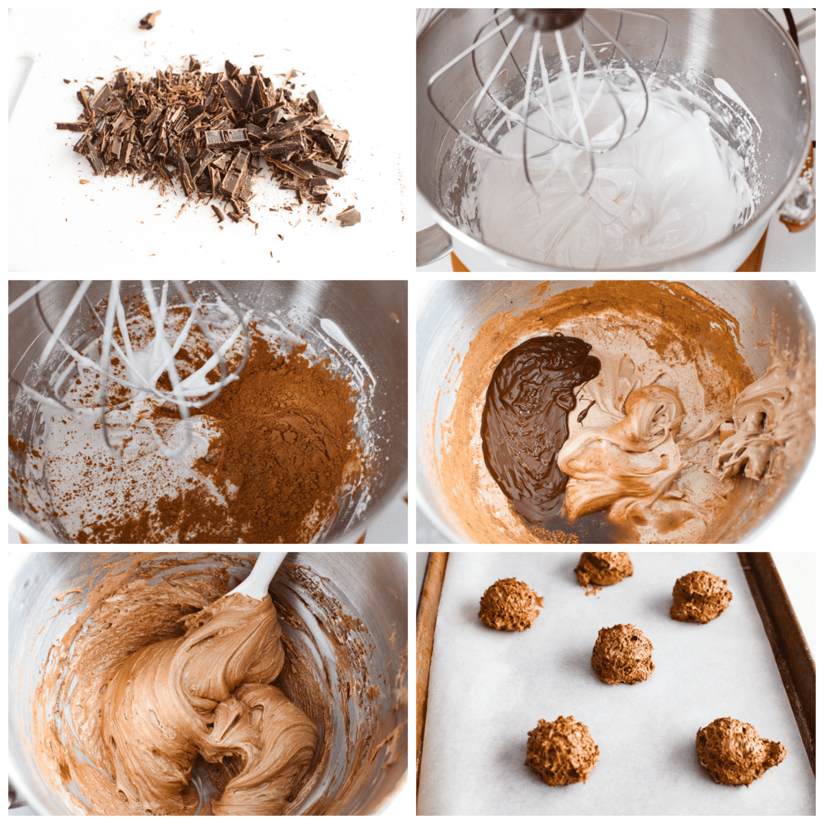 These Flourless Chocolate Cookies have a crispy meringue exterior, fudgy and brownie-like on the inside. They melt in your mouth and are insanely delicious! 6 pictures in a collage showing how to make the batter.