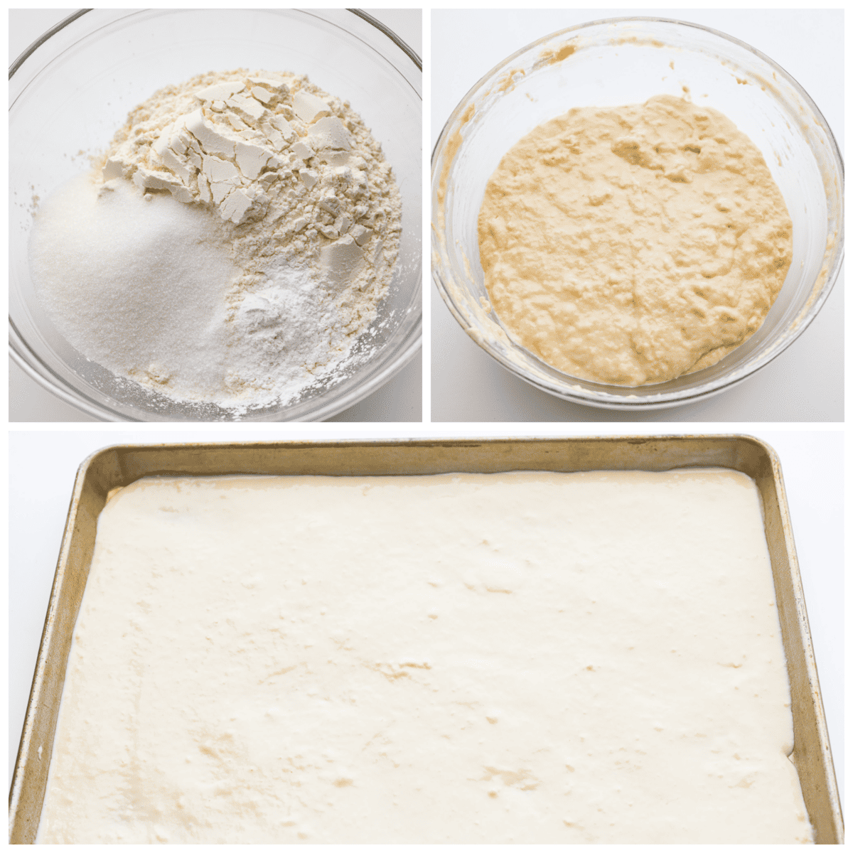 Sheet pan pancakes are not only soft and delicious, but the best way to feed a crowd! Serve them up with your favorite toppings for an unforgettable breakfast that's super easy to make! Pancake batter being prepared and added to a sheet pan.