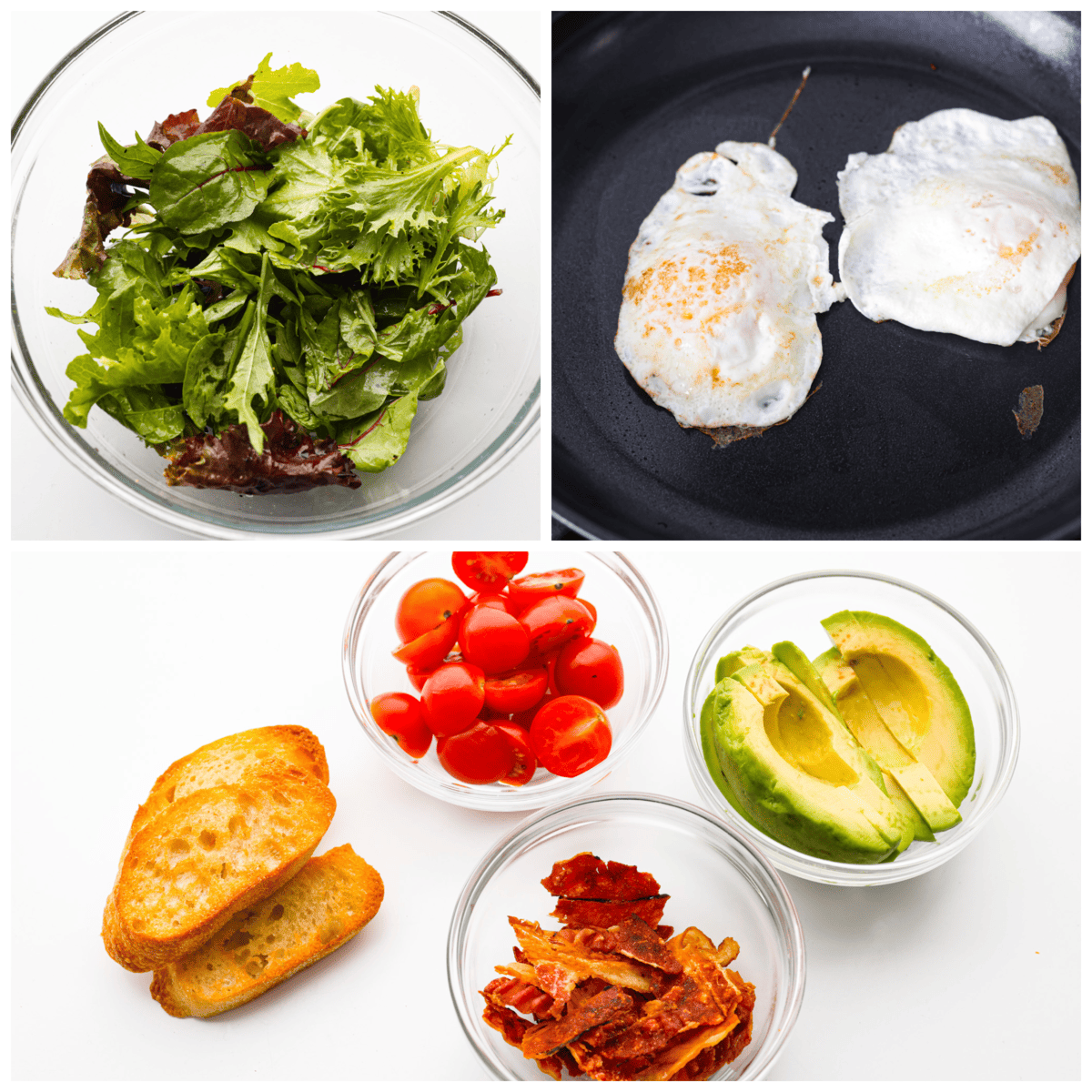 Looking for the best way to start your day? This hearty breakfast salad is the perfect choice! You've got fresh lettuce topped with a fried egg, crispy bacon, sliced avocados, toasted bread, and grape tomatoes, all finished off with a squeeze of lemon, olive oil, and everything bagel seasoning. It's light enough that you'll be able to enjoy it in the morning, but will keep you full throughout the day! 3-photo collage of salad mix-ins, a bowl of lettuce, and 2 eggs being fried.