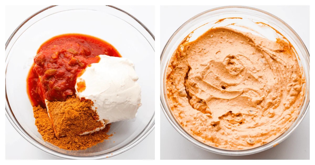 Taco dip takes all the tasty flavor of tacos and turns it into a creamy, zesty, easy-to-eat appetizer. Whip this up in 5 minutes with just 4 key ingredients. It is so deliciously addicting and will be the star of the party! 2-photo collage of the ingredients being mixed together.