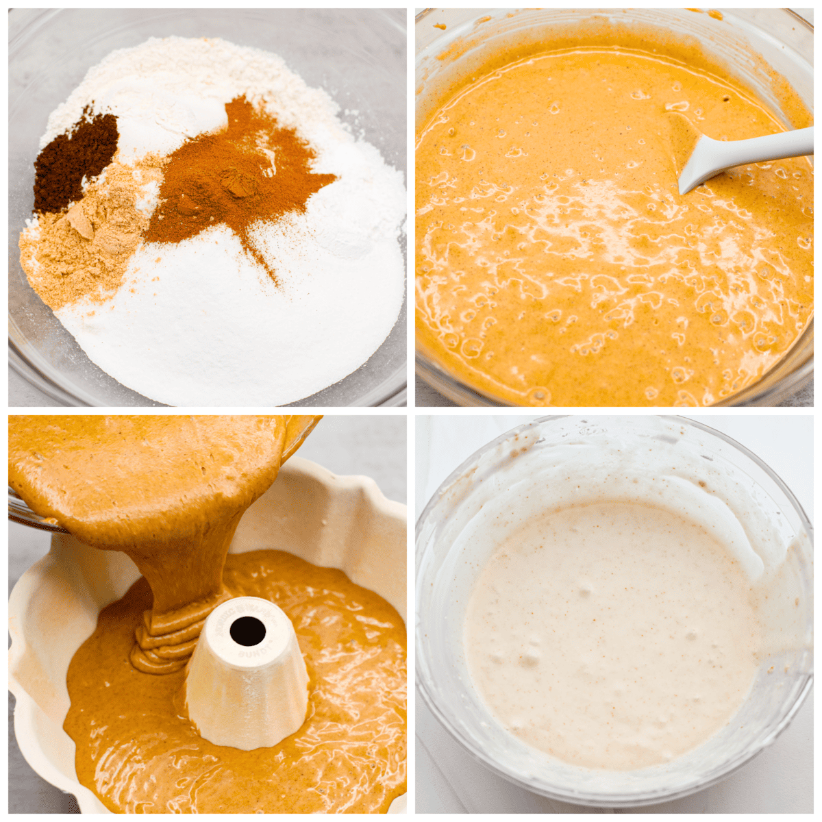 Festive Gingerbread Bundt Cake is moist, tender and the perfect dessert for the holidays. Topped with a flavorful brown butter maple glaze, you’ll welcome a slice any time of day. 4-photo collage of the cake batter and glaze being prepared.