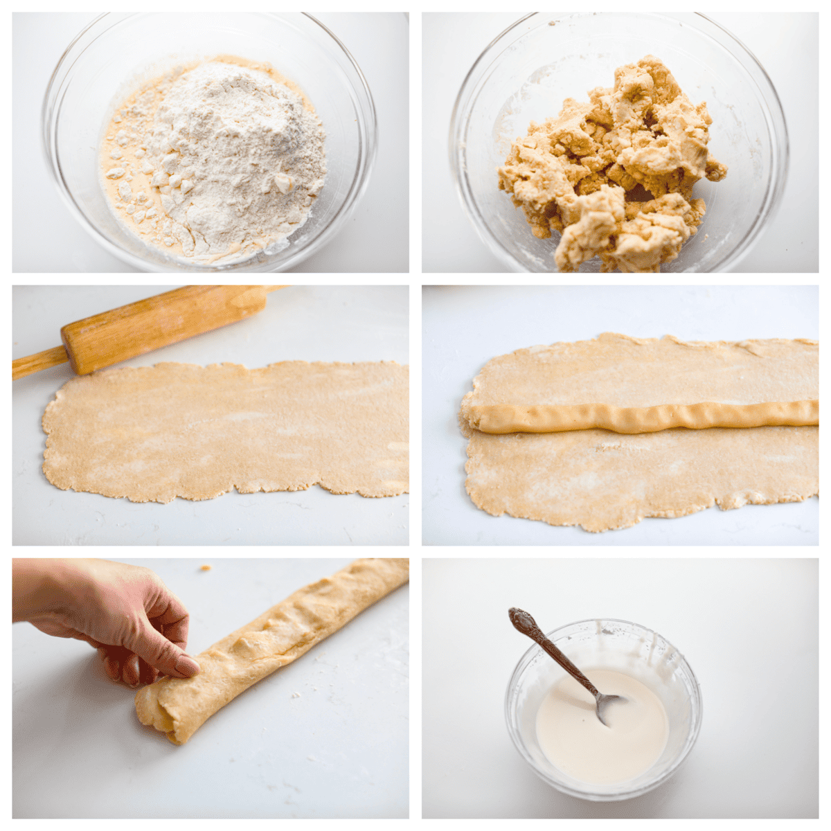 This Danish Kringle is full of almond flavor, baked until golden, and then drizzled with a vanilla glaze. This can be eaten for breakfast or dessert, and everyone will love it! 6 photos in a collage showing you how to make the dough and assemble it with the filling.