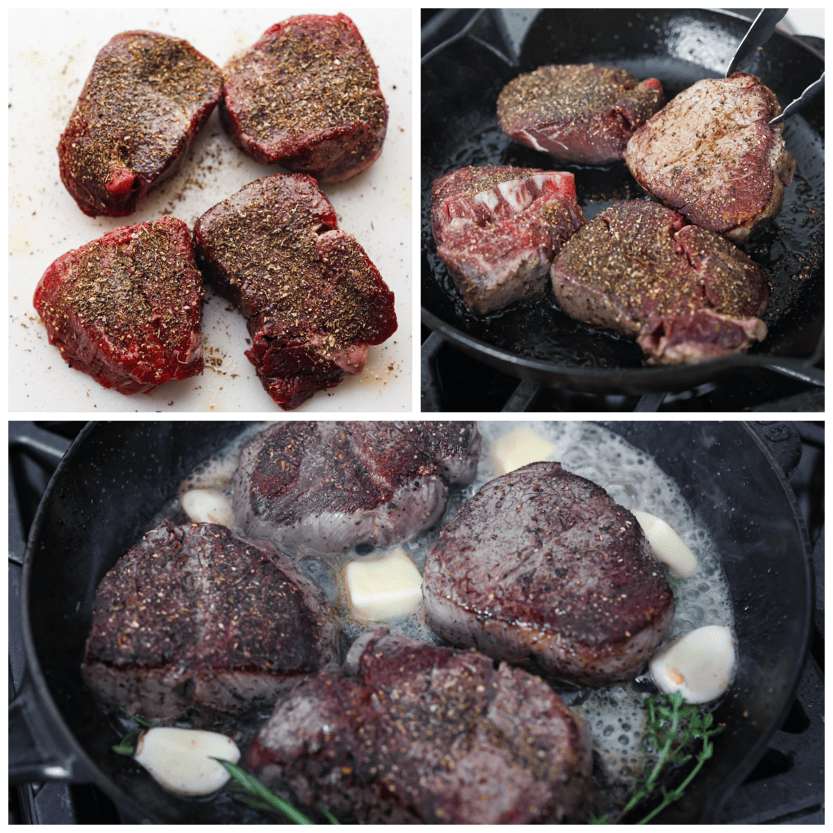 Juicy and succulent filet mignon is perfect for dinner or any special occasion! Tender steak is seasoned, seared, and basted with garlic herb butter. This is a steakhouse-quality recipe that is so easy to make at home! First photo of seasoned filets. Second photo of the filets searing in a pan. Third photo of the butter, garlic, and herbs added to the skillet.