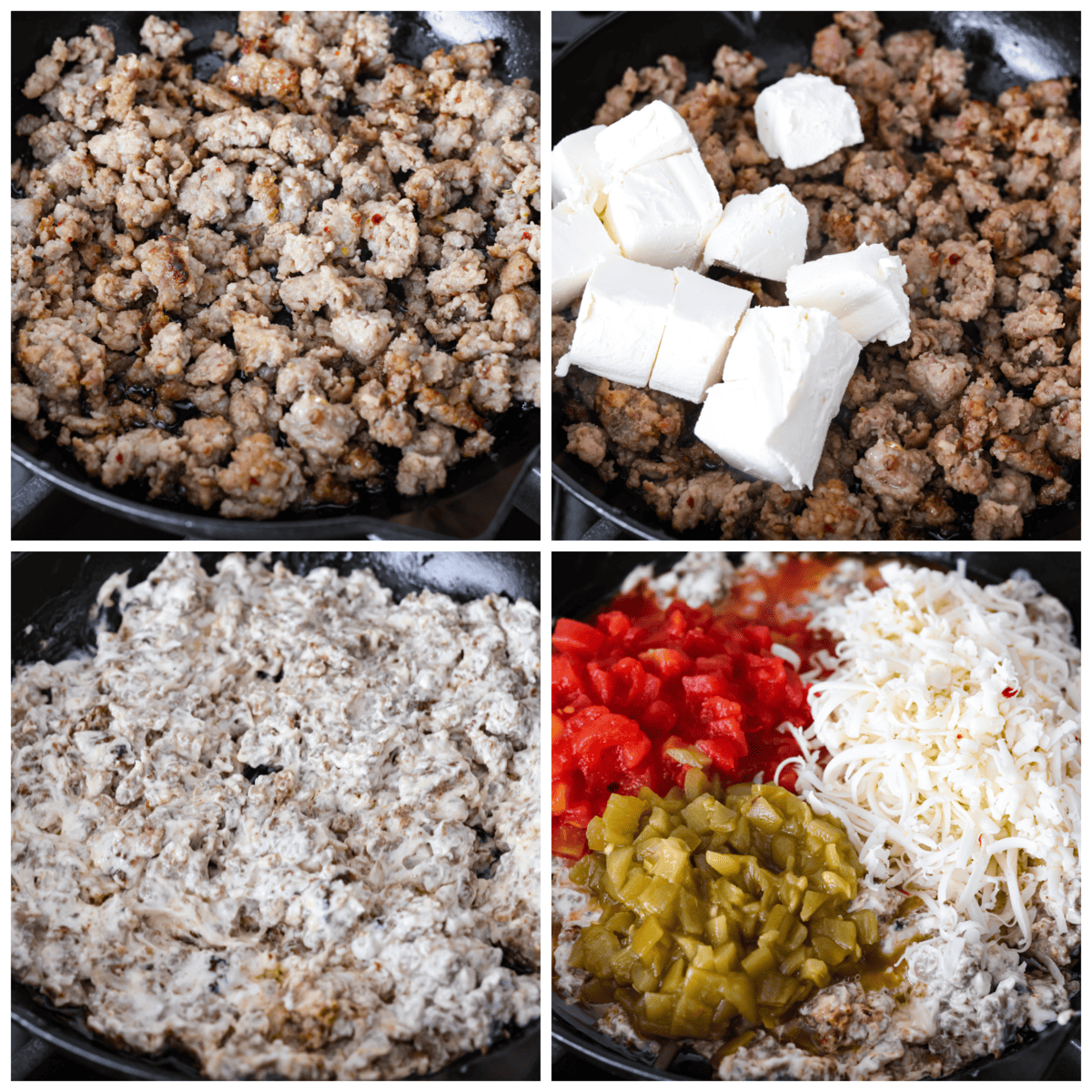 Sausage dip is a must-make appetizer for any potluck, party, or get-together! Crumbled sausage, cream cheese, pepper jack, chopped tomatoes and green chiles get cooked together to melty perfection. 4-photo collage of the sausage being browned and combined with the other ingredients.