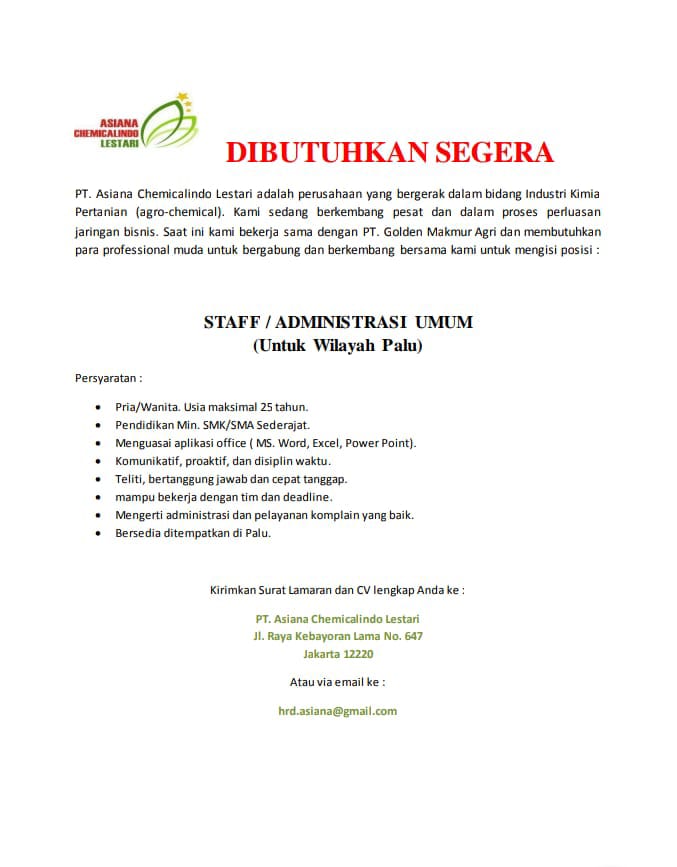 LOWONGAN PEKERJAAN PT. Asiana Chemicalindo Lestari Jakarta | Universitas  Tadulako