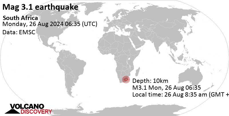 Light mag. 3.1 earthquake – Eastern Cape, South Africa, on Monday, Aug 26, 2024, at 08:35 am (Johannesburg time)