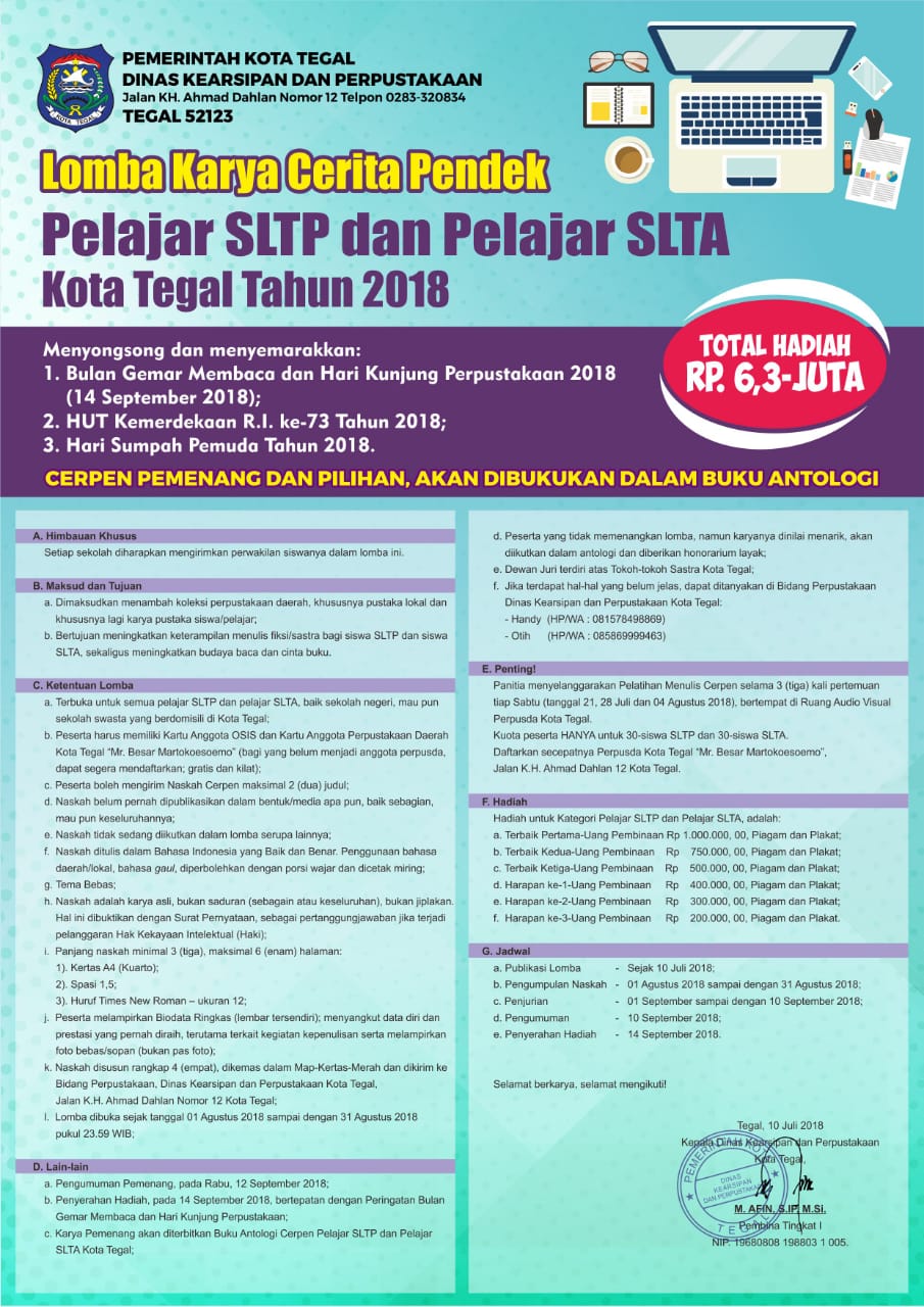 Lomba Karya Cipta Cerpen Akan Digelar Dinas Arpusda Kota Tegal –  http://wartabahari.com