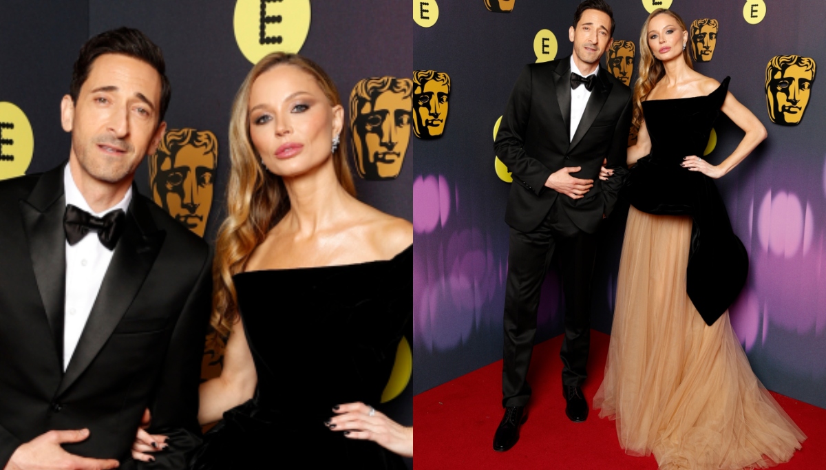 Georgina Chapman Goes Strapless and Sculpted in ‘Floating’ Marchesa Gown With Adrien Brody in J Crew at BAFTA Awards 2025