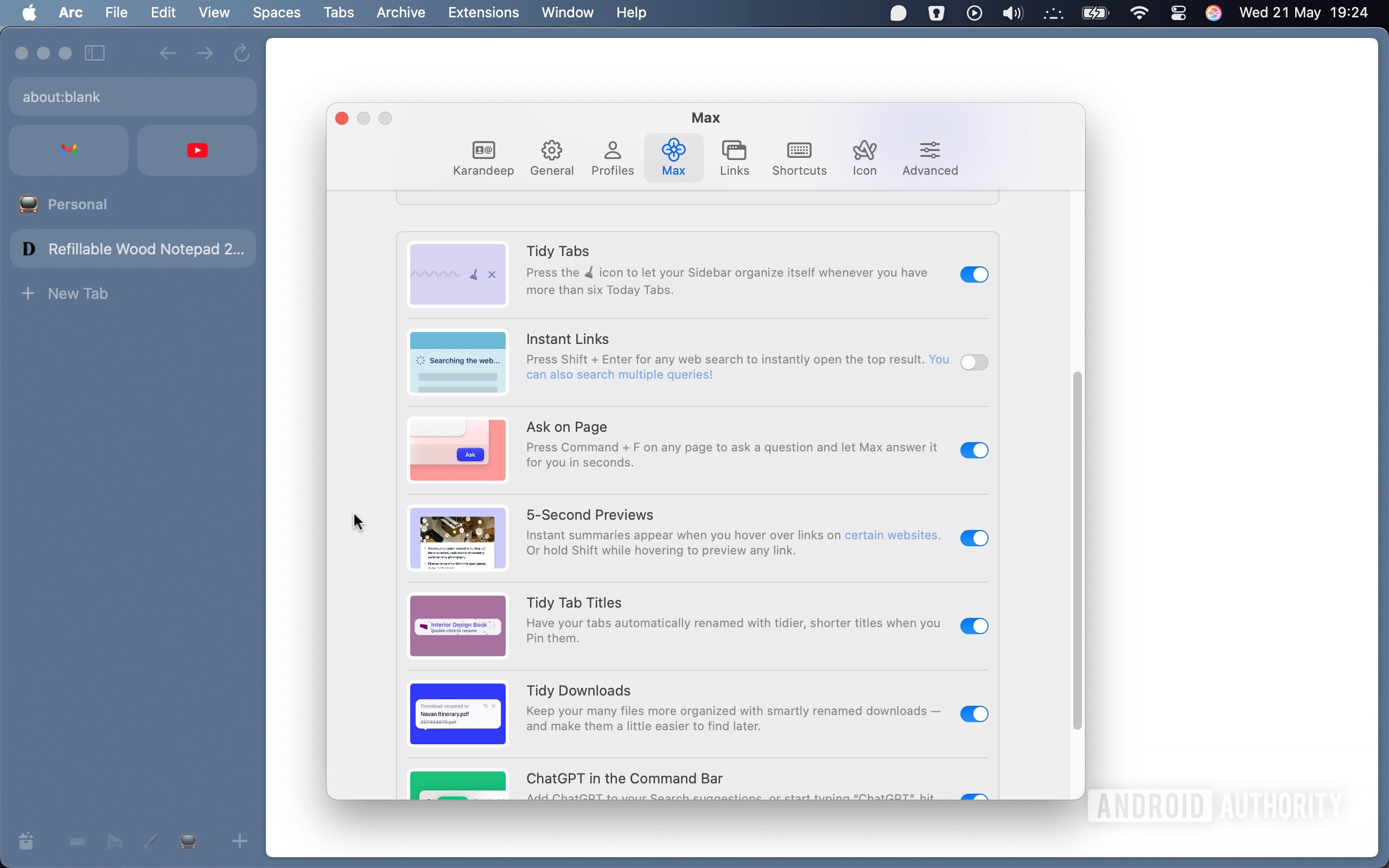 Arc browser on mac screenshot 1 Arc Browser for Mac with its settings page open showing Max AI features
