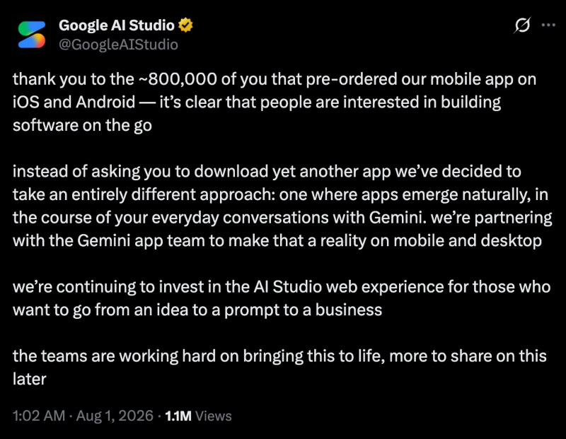 Google AI Studio app canceled Google AI Studio app canceled