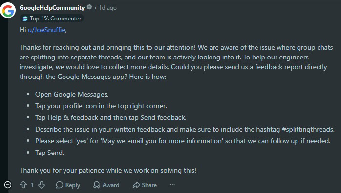 Google Messages splitting group chats Google Messages splitting group chats