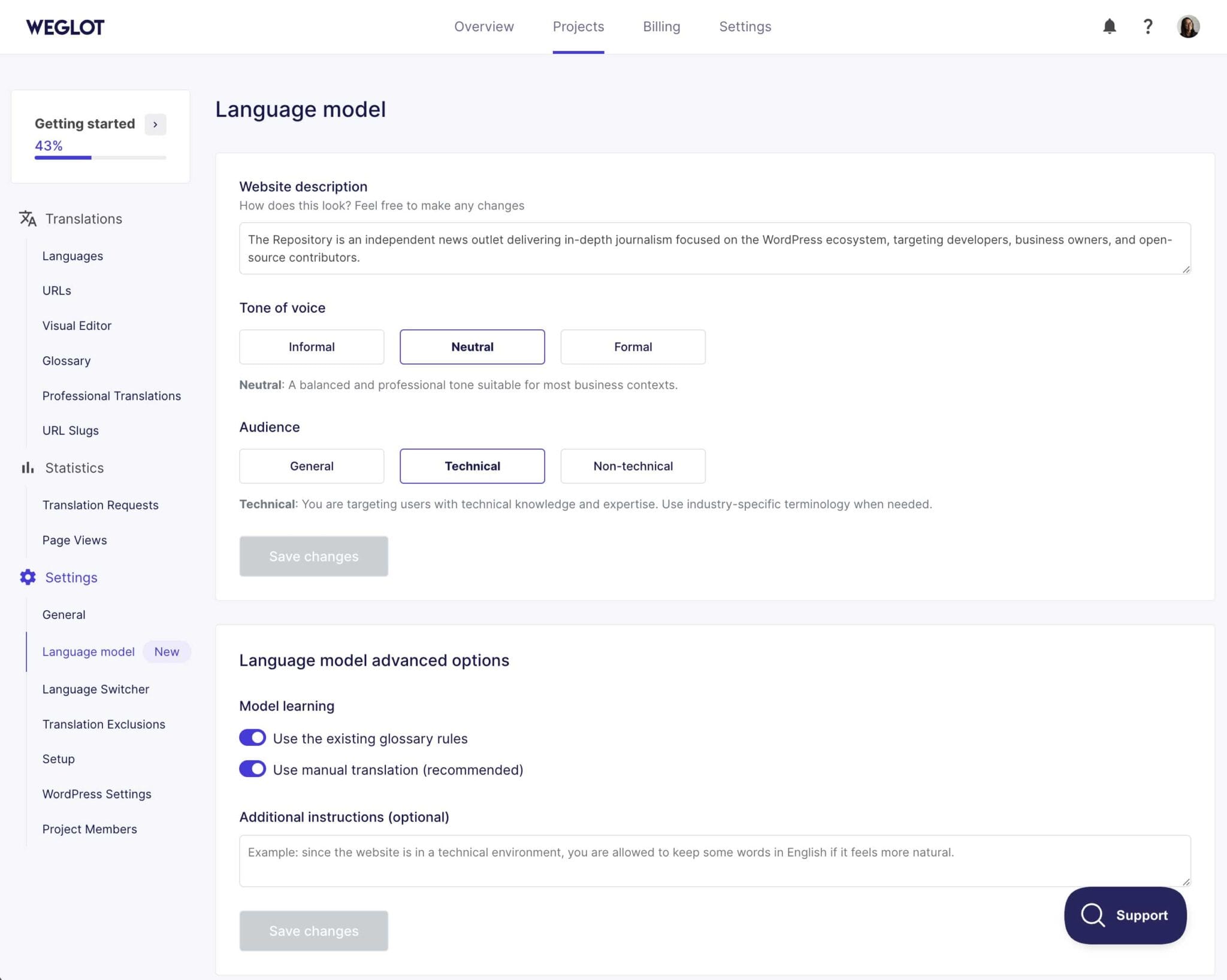Weglot’s New AI Feature Translates Your Site in Your Own Voice 2 Alt text: Screenshot of a language model settings page with options for tone and audience.