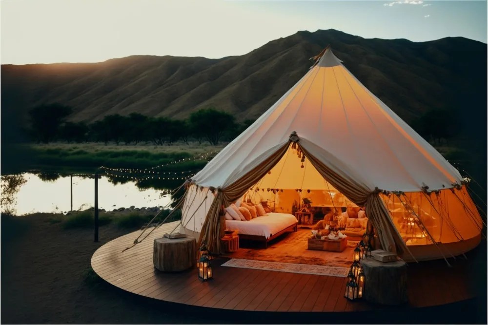 Glamping in New York: 21 of the Best Glamping Destinations 1 A luxurious glamping campsite with a view of a pond or lake.