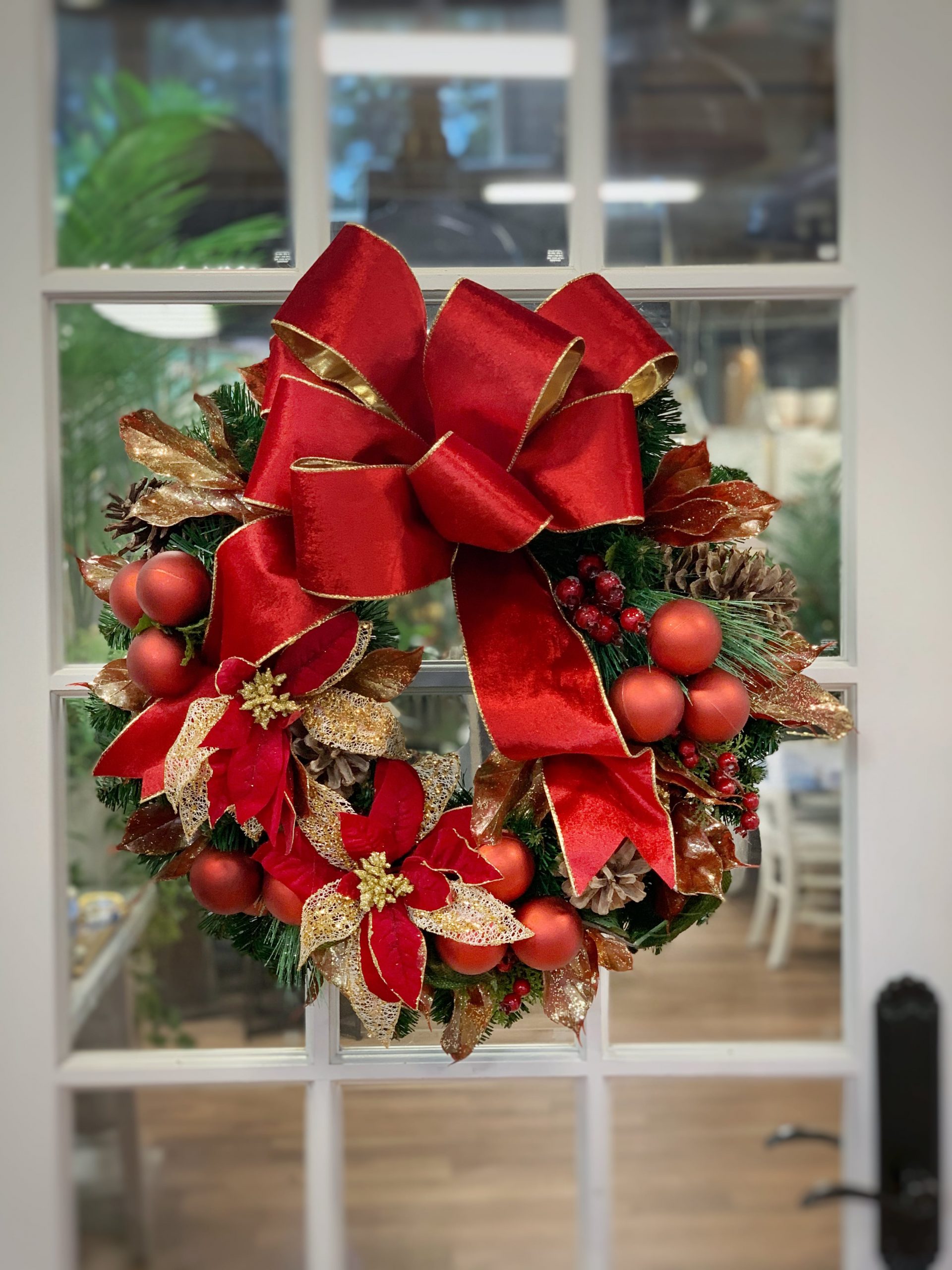 28in Holiday Wreath with Red Poinsettia and Ornaments – Creative Displays and Designs inc Displays for wreaths