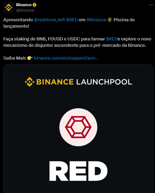 L'image montre un binance sur Twitter, annonçant le lancement du projet Redstone (Red) à Binance Launchpool. Le texte dit: