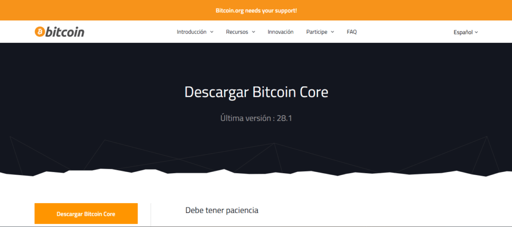Interface du site officiel de Bitcoin Core.