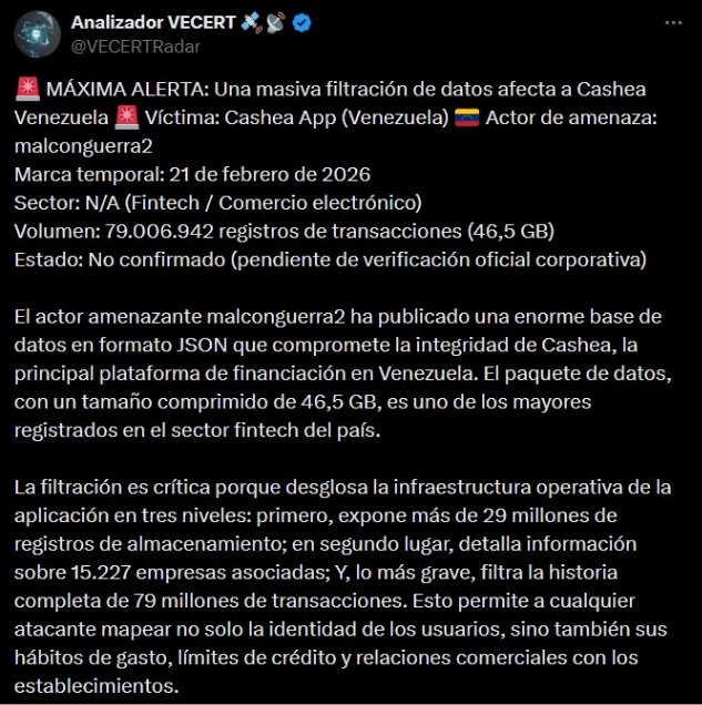 Publication de @VECERTRadar qui expose la prétendue quantité de données qui ont été divulguées.