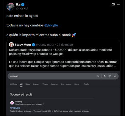 Les utilisateurs perdent 400 000 $ à cause de fausses publicités Uniswap sur Google Les utilisateurs perdent 400 000 $ à cause de fausses publicités Uniswap sur Google