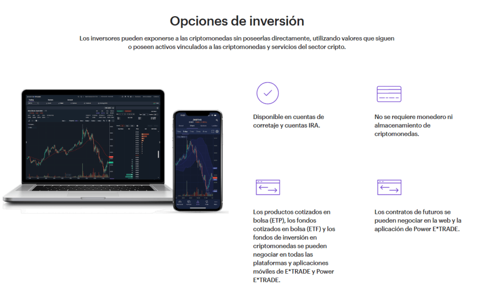 Capture d'écran de la plateforme E*Trade de Morgan Stanley, montrant la disponibilité des crypto-monnaies