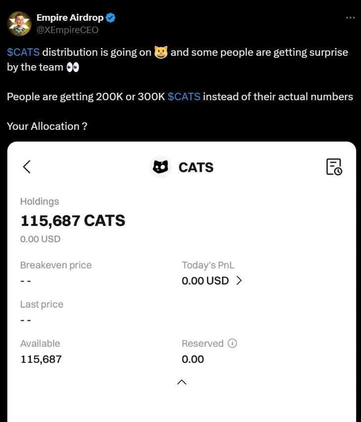 Will $CATS Follow Hamster Kombat's Failure? Excess $CATS Token Distribution