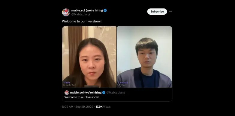 Aster CEO Leonard in an interview with Mable Jiang on X Aster CEO Leonard in an interview with Mable Jiang on X