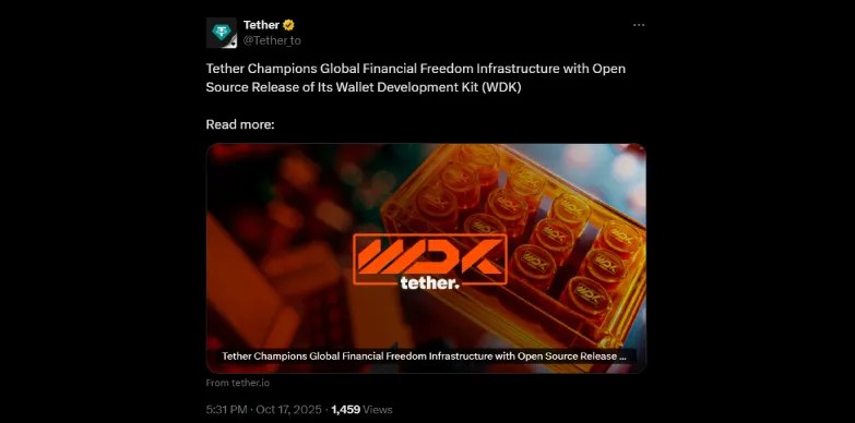 Tether announces launch of its Wallet Development Kit (WDK) on social media platform X Tether announces launch of its Wallet Development Kit (WDK) on social media platform X