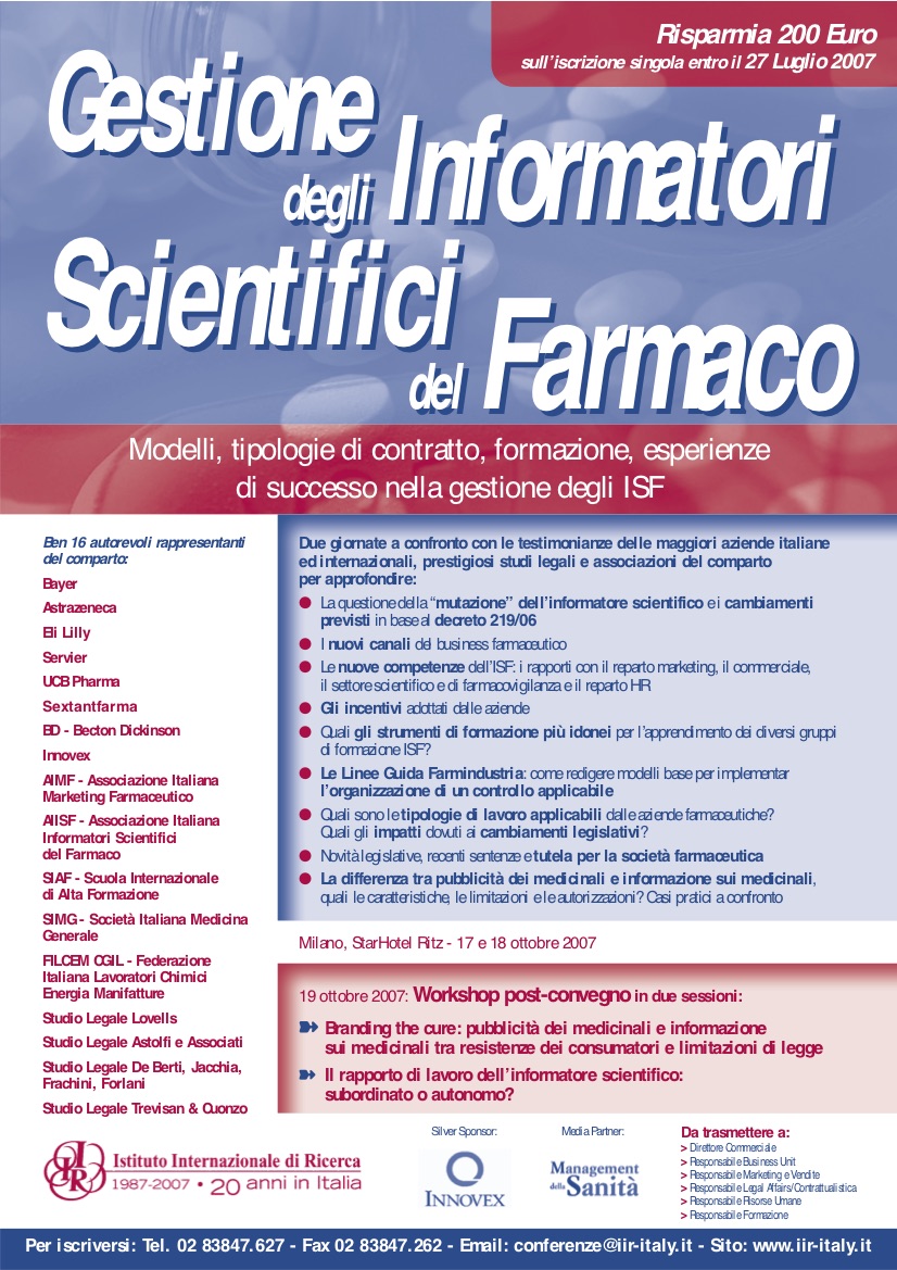 Gestione Degli Informatori Scientifici Del Farmaco - Milan, October 18Th, 2007 - Studio Legale De Berti Jacchia Franchini Forlani 1169_x_826_jpg