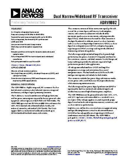 Adrv9002 Datasheet The Adrv9002 Is A Highly Integrated Rf Transceiver