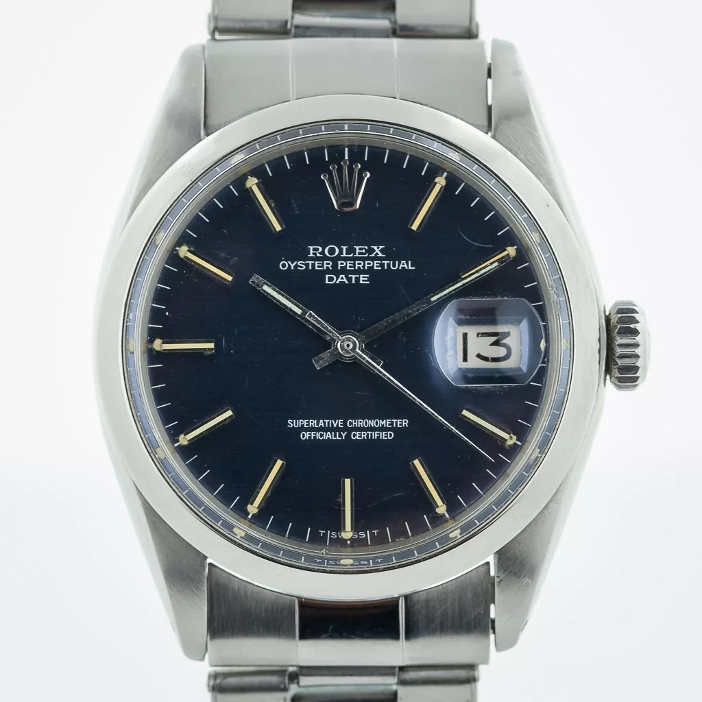 Rolex Oyster Perpetual Date Ref No 1500 Stainless Steel Men S 34 Mm Blue Dial Year 1969 Estates Consignments Rolex Oyster Perpetual Date Ref No 1500 Stainless Steel Men S 34 Mm Blue Dial Year 1969