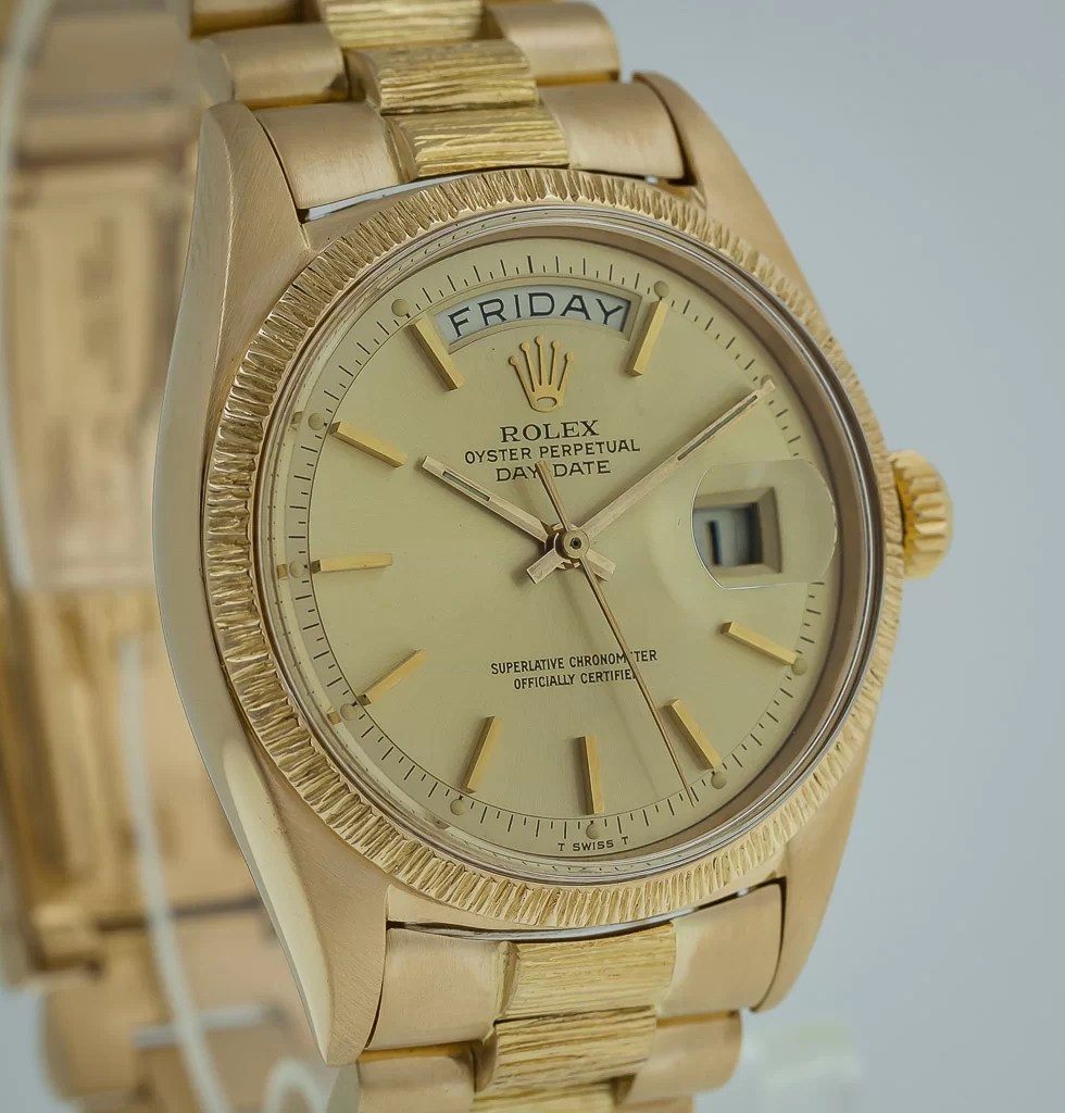 Rolex Day Date President Ref 1807 Men S 18k Yellow Gold Bark Finish Champagne Dial 1966 Estates Consignments Rolex Day Date President Ref 1807 Men S 18k Yellow Gold Bark Finish Champagne Dial 1966