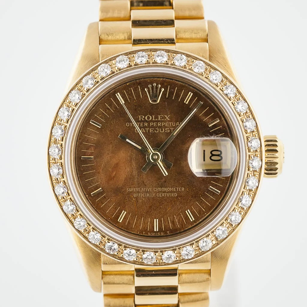 Rolex Datejust 26 Ladies President Ref 69178 18k Yellow Gold Wood Burr Dial Diamond Bezel 1990 Estates Consignments Rolex Datejust 26 Ladies President Ref 69178 18k Yellow Gold Wood Burr Dial Diamond Bezel 1990
